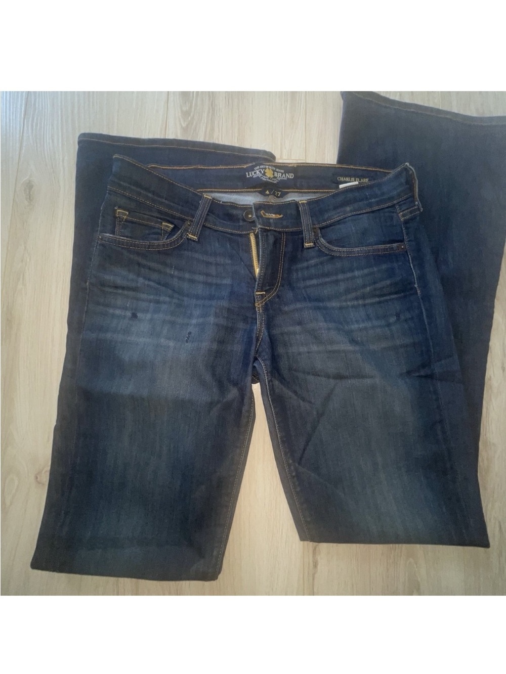 Lucky Brand Charlie Flare Jeans Blue Distressed Women's Sz 4/27 Boho Hippie